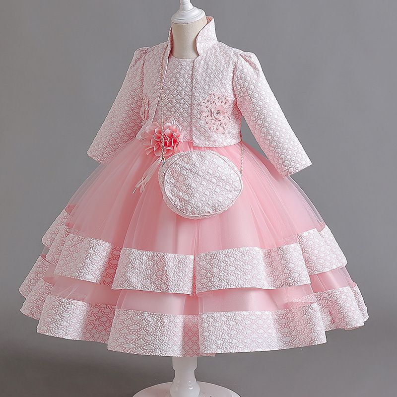 Summer new girls' dress suit long-sleeved collar coat sleeveless round neck flower gauze princess skirt small satchel three-piece suit for birthday party school Christmas party banquet dress costume.