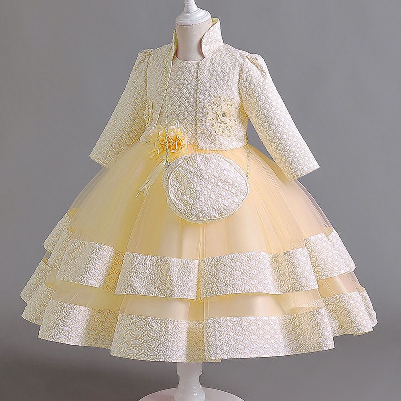 Summer new girls' dress suit long-sleeved collar coat sleeveless round neck flower gauze princess skirt small satchel three-piece suit for birthday party school Christmas party banquet dress costume.