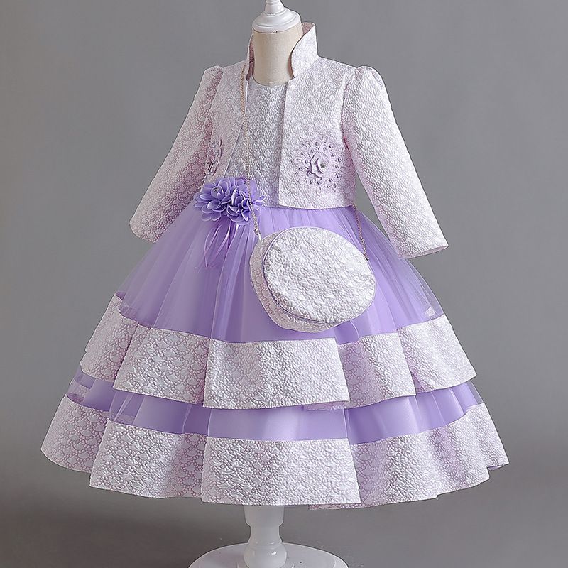 Summer new girls' dress suit long-sleeved collar coat sleeveless round neck flower gauze princess skirt small satchel three-piece suit for birthday party school Christmas party banquet dress costume.