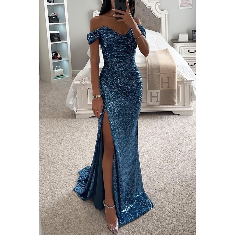 New women's dresses in summer are fashionable, solid color, sleeveless and strapless, and sequined long dresses are suitable for daily leisure party dinner dresses.