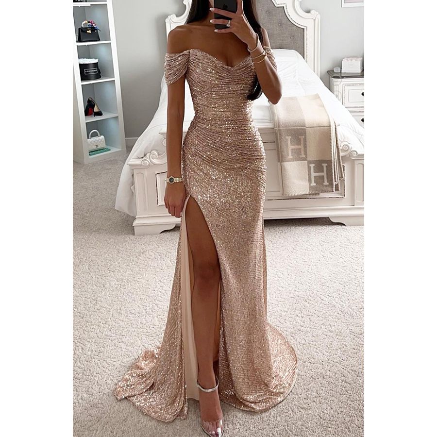 New women's dresses in summer are fashionable, solid color, sleeveless and strapless, and sequined long dresses are suitable for daily leisure party dinner dresses.