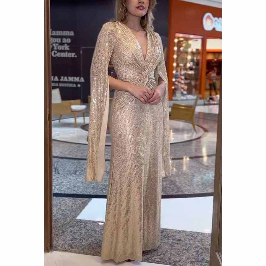 New women's dress fashion solid color long sleeve V-neck sequins kink slim long dress suitable for everyday casual party dinner dresses.