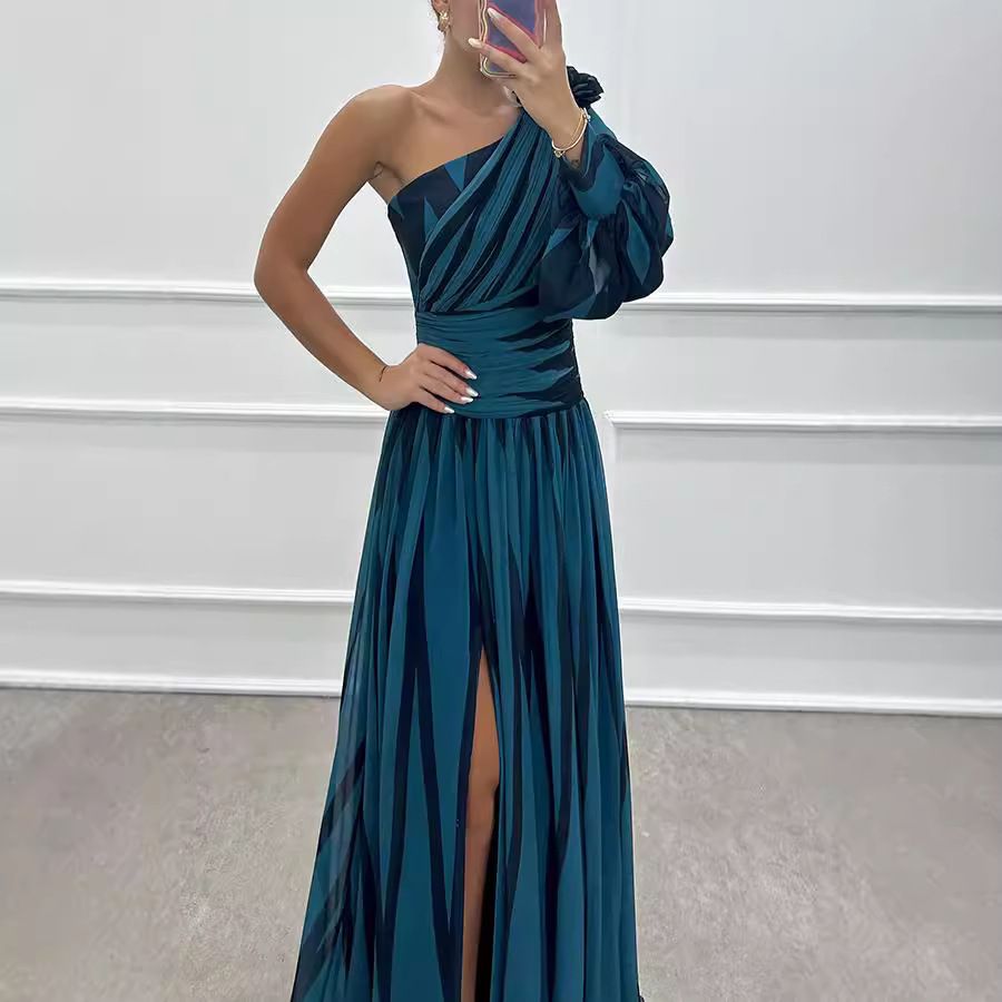 New women's dress fashion print one-shoulder waist split long dress is suitable for daily leisure commuting party dinner dress.