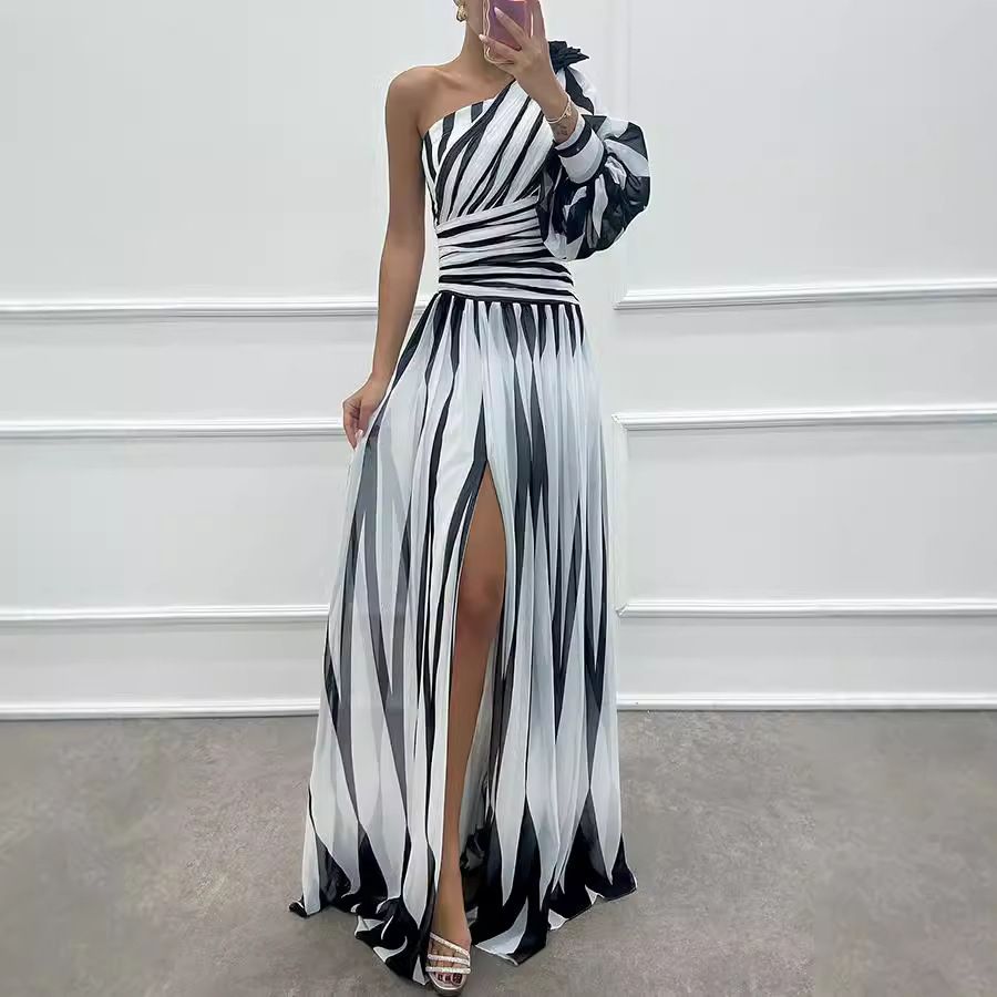 New women's dress fashion print one-shoulder waist split long dress is suitable for daily leisure commuting party dinner dress.