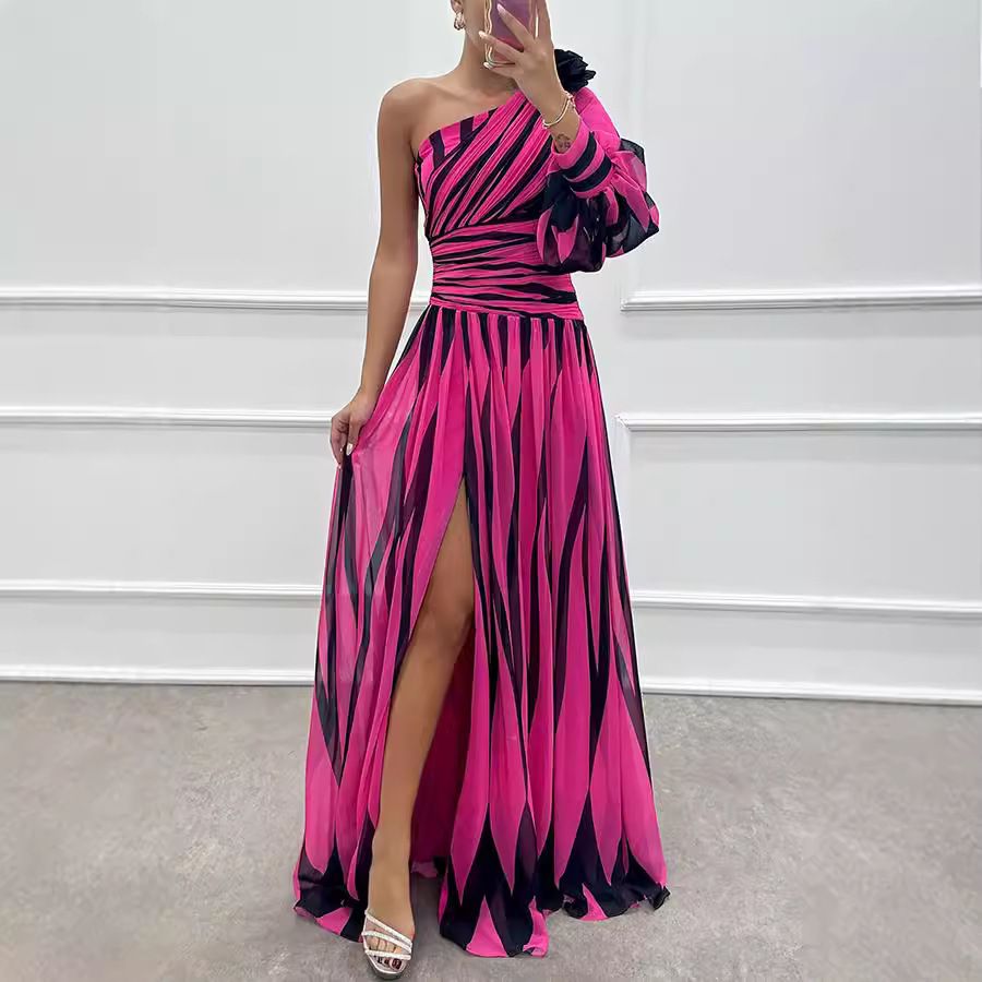 New women's dress fashion print one-shoulder waist split long dress is suitable for daily leisure commuting party dinner dress.