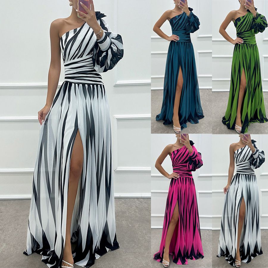New women's dress fashion print one-shoulder waist split long dress is suitable for daily leisure commuting party dinner dress.