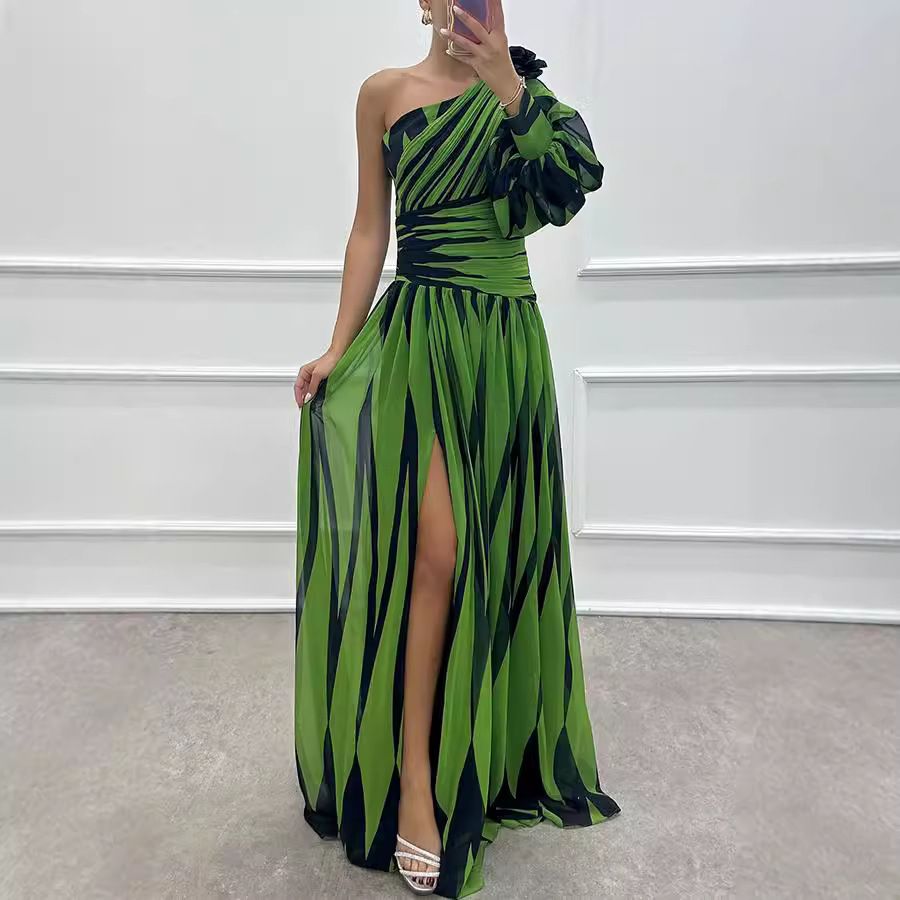 New women's dress fashion print one-shoulder waist split long dress is suitable for daily leisure commuting party dinner dress.