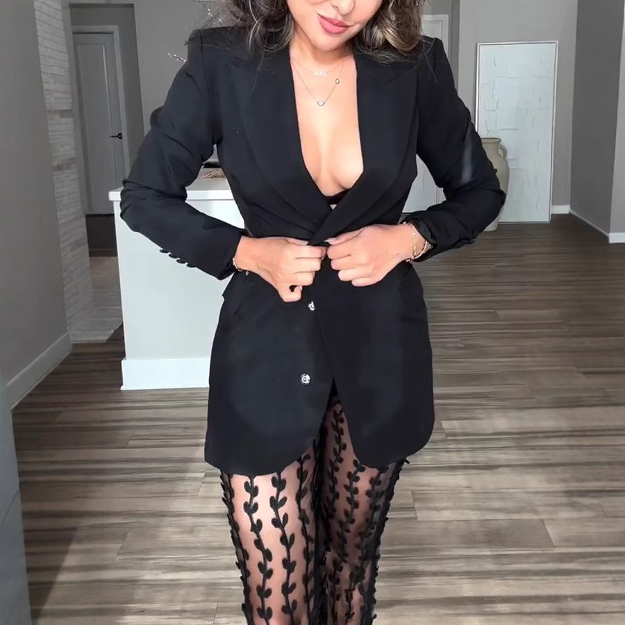 New women's two-piece fashion solid color long-sleeved suit jacket mesh perspective trousers suit is suitable for daily leisure commuting office party.