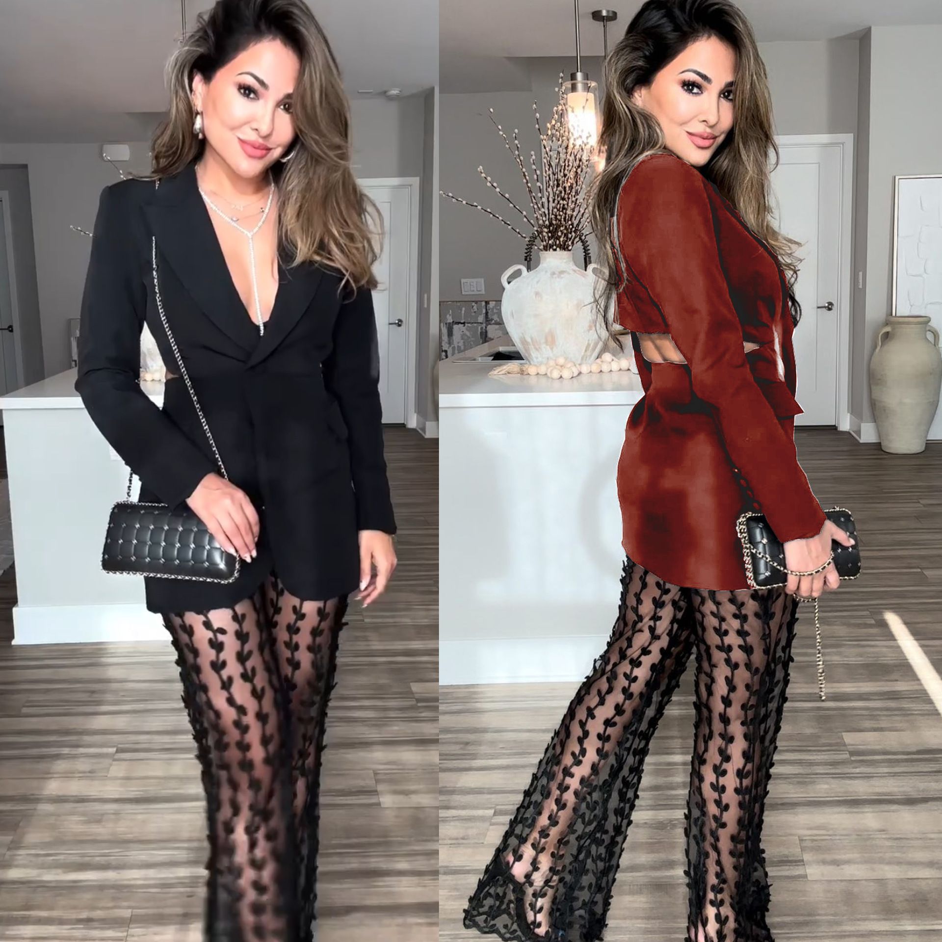 New women's two-piece fashion solid color long-sleeved suit jacket mesh perspective trousers suit is suitable for daily leisure commuting office party.