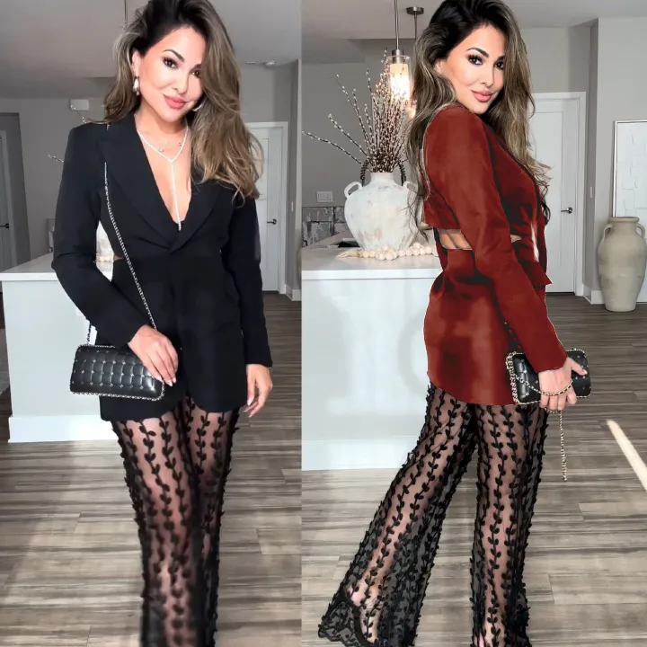 New women's two-piece fashion solid color long-sleeved suit jacket mesh perspective trousers suit is suitable for daily leisure commuting office party.