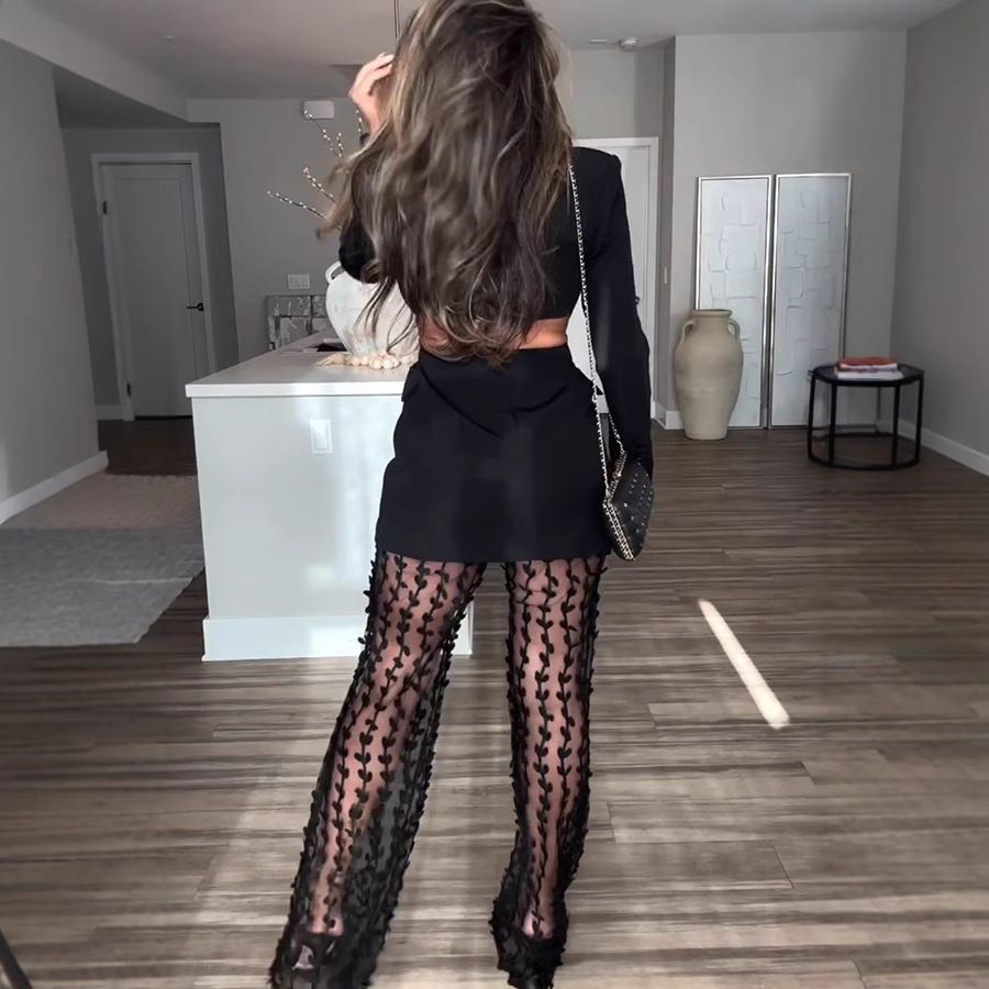 New women's two-piece fashion solid color long-sleeved suit jacket mesh perspective trousers suit is suitable for daily leisure commuting office party.