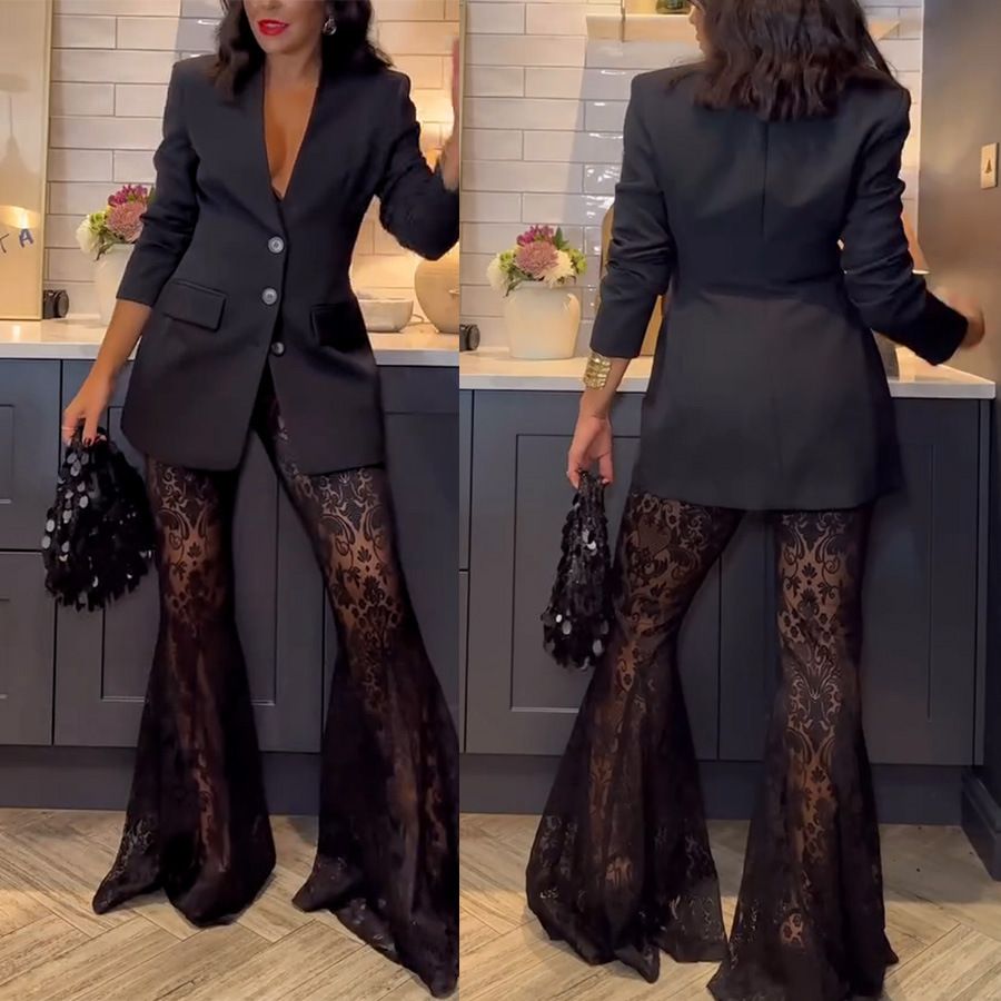 New women's two-piece fashion solid color long-sleeved suit jacket lace perspective trousers suit is suitable for daily leisure commuting office party.