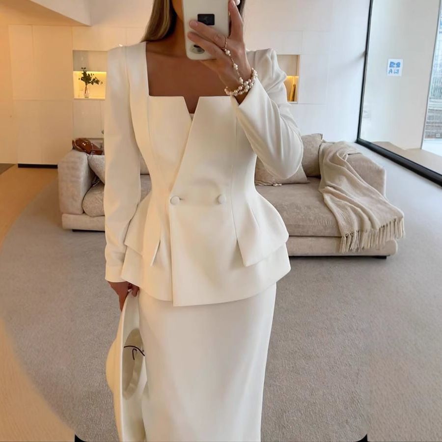 New women's two-piece fashion solid color long-sleeved suit jacket slim long skirt suit is suitable for daily leisure commuting office party.