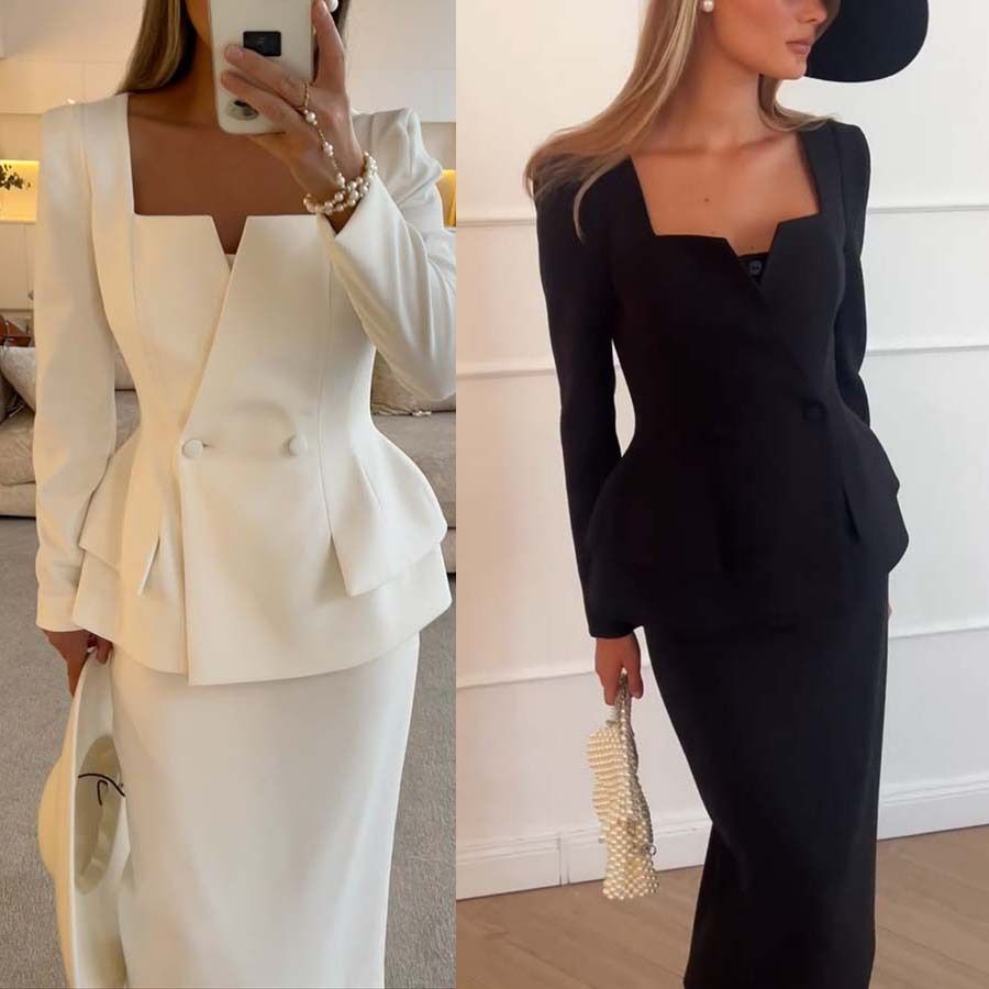 New women's two-piece fashion solid color long-sleeved suit jacket slim long skirt suit is suitable for daily leisure commuting office party.