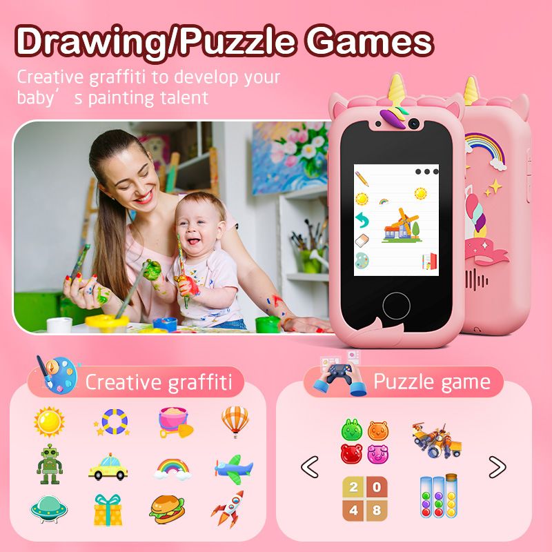 New children's mobile phone dual camera touch screen unicorn cartoon puzzle early education machine sports camera smart toy mobile phone