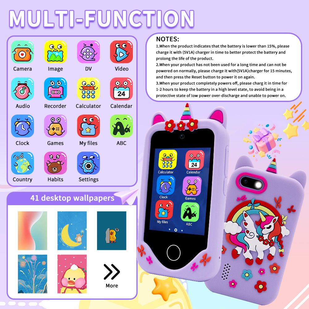 New children's mobile phone dual-camera touch screen unicorn educational early education machine mobile phone camera children's toys birthday holiday gifts