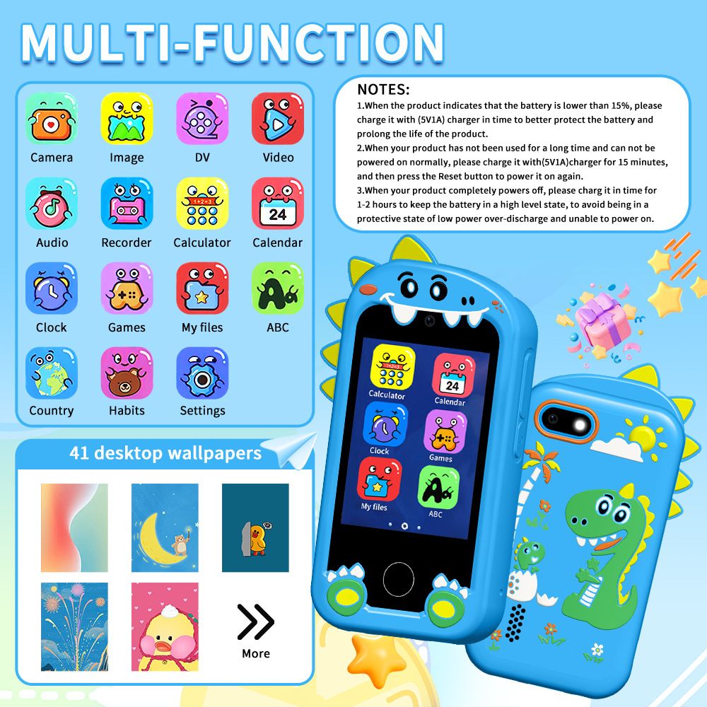 New children's mobile phone dual-camera touch screen small dinosaur educational early education machine mobile phone camera children's toys birthday holiday gifts.