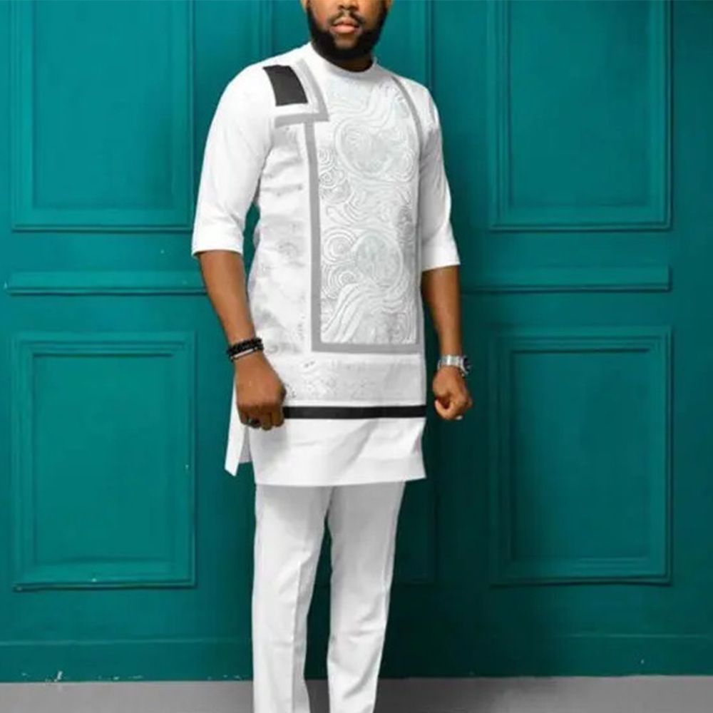 New men's two-piece suit with national wind printed sleeve round neck shirt and casual trousers suit is suitable for daily leisure commuting activities.