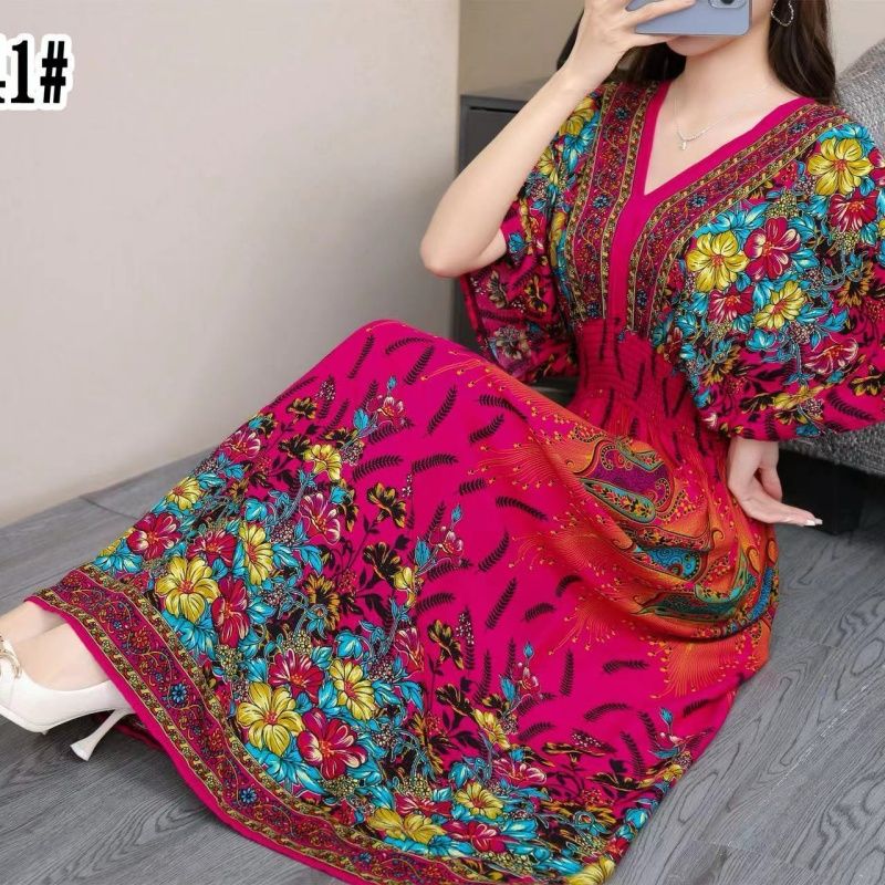 Cotton silk dress beach ethnic large size floral print seaside vacation bohemian fairy dress long skirt Blue Standard size