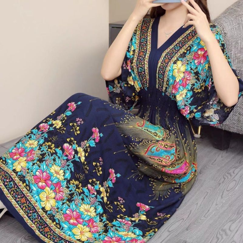 Cotton silk dress beach ethnic large size floral print seaside vacation bohemian fairy dress long skirt Blue Standard size