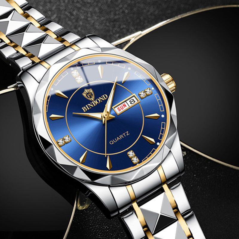 BINBOND Fashion Men's Watch Stainless Steel Top Brand Luxury Waterproof Men Double Calendar Quartz Watch Gold one size