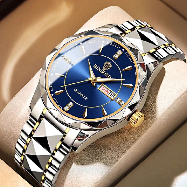 BINBOND Fashion Men's Watch Stainless Steel Top Brand Luxury Waterproof Men Double Calendar Quartz Watch Gold one size