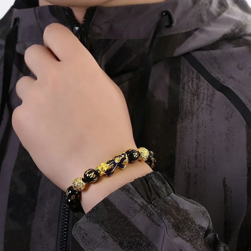 Feng Shui Obisidian Stone Beads Bracelet Men Women Wristband Gold Color Pixiu Black Six Character Proverbs Wealth and Good Luck as picture one size