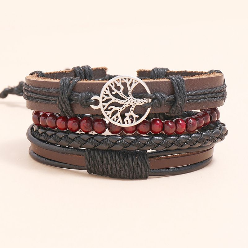 4Pcs/ Set Braided Wrap Leather Bracelets for Men Vintage Life Tree Rudder Charm Wood Beads Ethnic Tribal Wristbands A one size