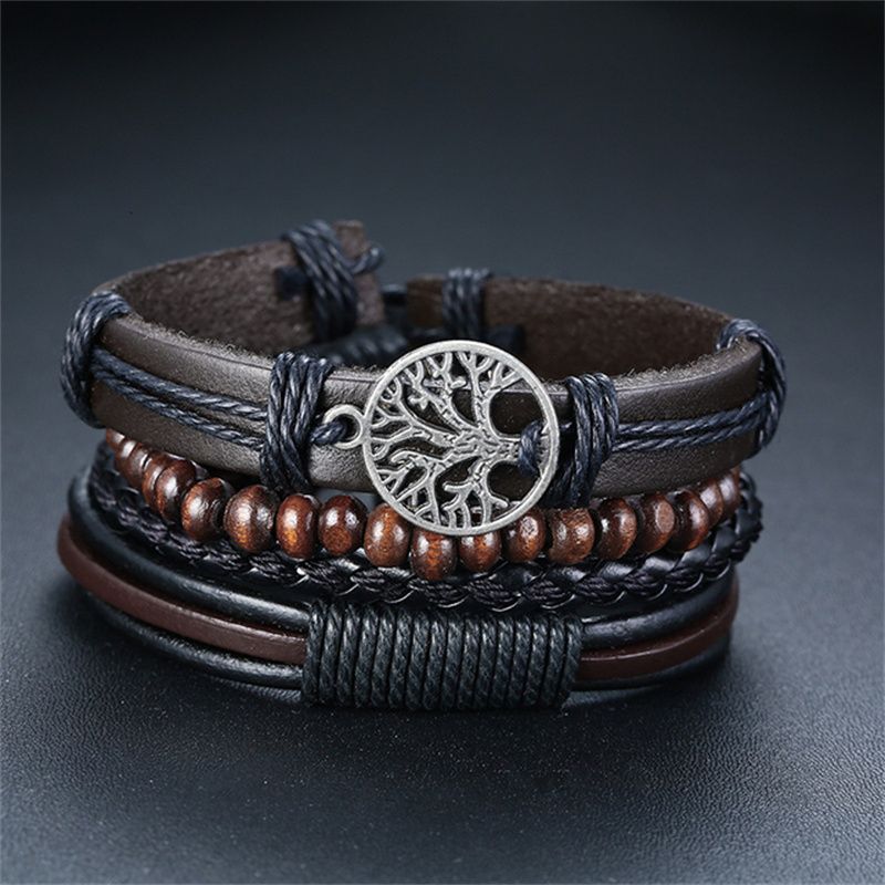 4Pcs/ Set Braided Wrap Leather Bracelets for Men Vintage Life Tree Rudder Charm Wood Beads Ethnic Tribal Wristbands A one size