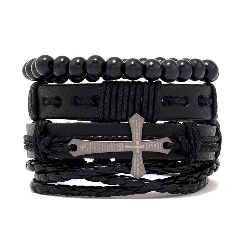 4Pcs/ Set Braided Wrap Leather Bracelets for Men Vintage Life Tree Rudder Charm Wood Beads Ethnic Tribal Wristbands A one size