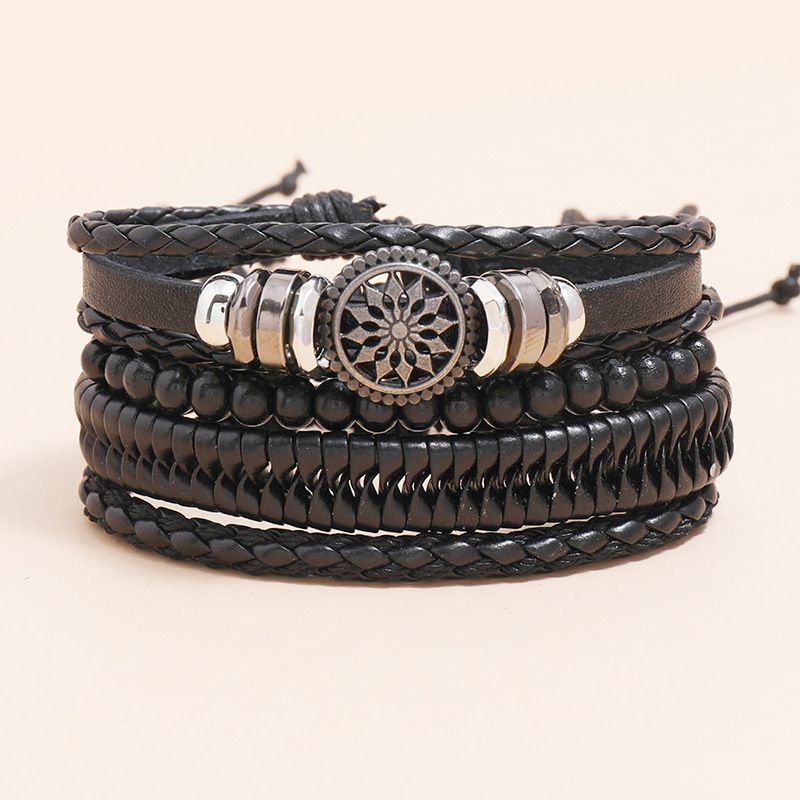 4Pcs/ Set Braided Wrap Leather Bracelets for Men Vintage Life Tree Rudder Charm Wood Beads Ethnic Tribal Wristbands A one size