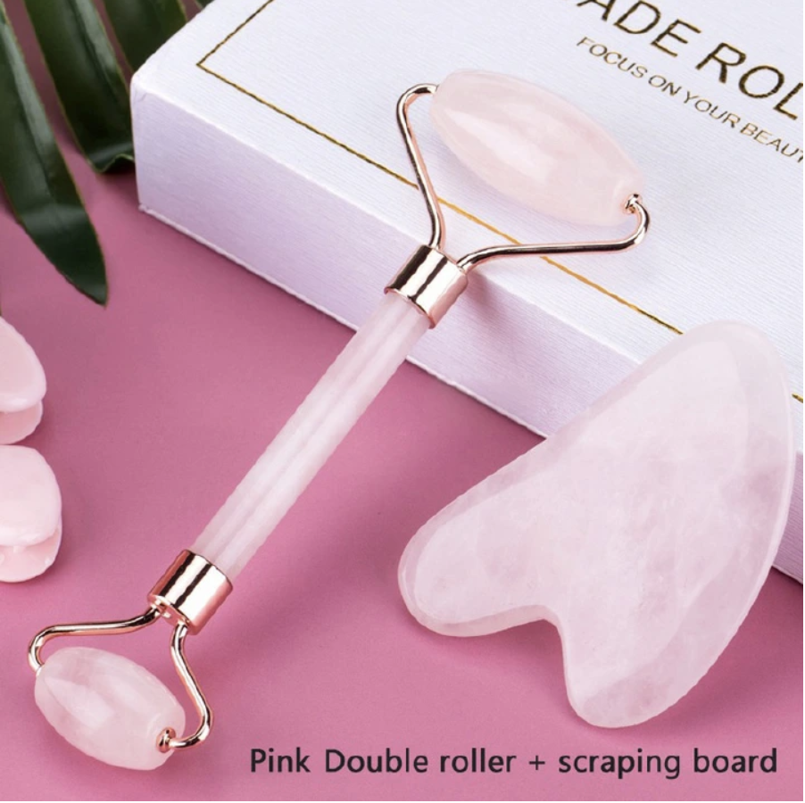 2pcs/set Skin Care Facial Rollers+Face Spa Massager Neck Roller Gua Sha Scraper Board Face Lift Up Wrinkle Remover Face Roller Scraper Set Pink 2pcs/set