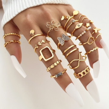 25pcs Elegant Stacking Rings Trendy Infinity Chain Knot Design Inlaid Rhinestone Golden Or Silvery Make Your Call Match Daily Outfits Party Accessories