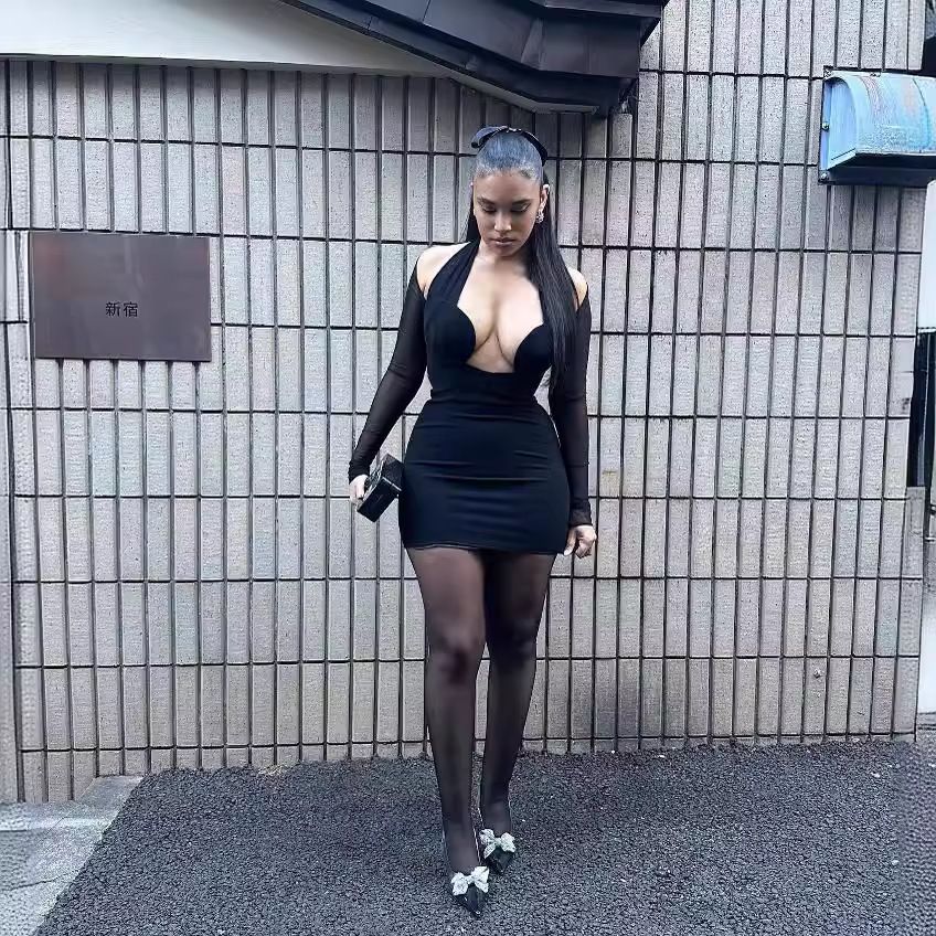 European and American Ins foreign trade women's sexy hanging neck mesh splicing long sleeved dress street top bag hip skirt Dress black S