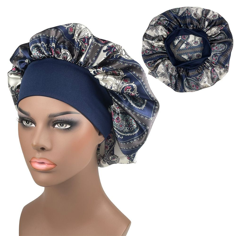 Satin Headscarf Hat Sleeping Bonnet Women Curly Hair Wrap Silk Cap Fashion Head Scarf Headwear Night Sleep Hat Adjust Head Cover Hat For Curly Springy Hair Styling Accessories Soft Elastic Band Navy b