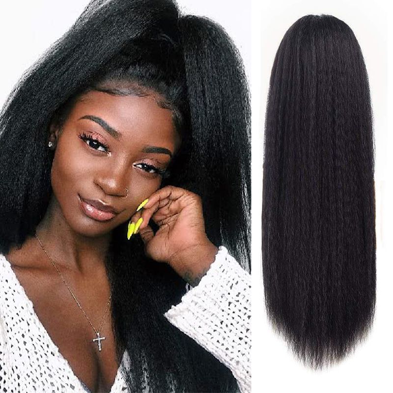 Drawstring wig ponytail yaki kinky straight fluffy elastic synthetic fiber wig corn silk 1B# 24 inch