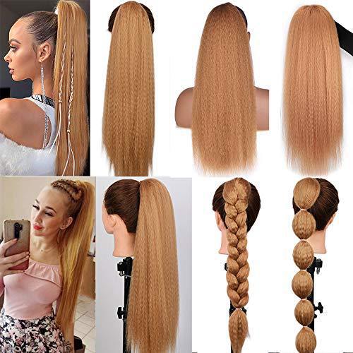 Drawstring wig ponytail yaki kinky straight fluffy elastic synthetic fiber wig corn silk 1B# 24 inch