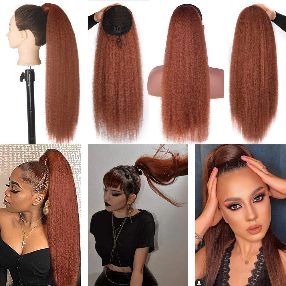 Drawstring wig ponytail yaki kinky straight fluffy elastic synthetic fiber wig corn silk 1B# 24 inch