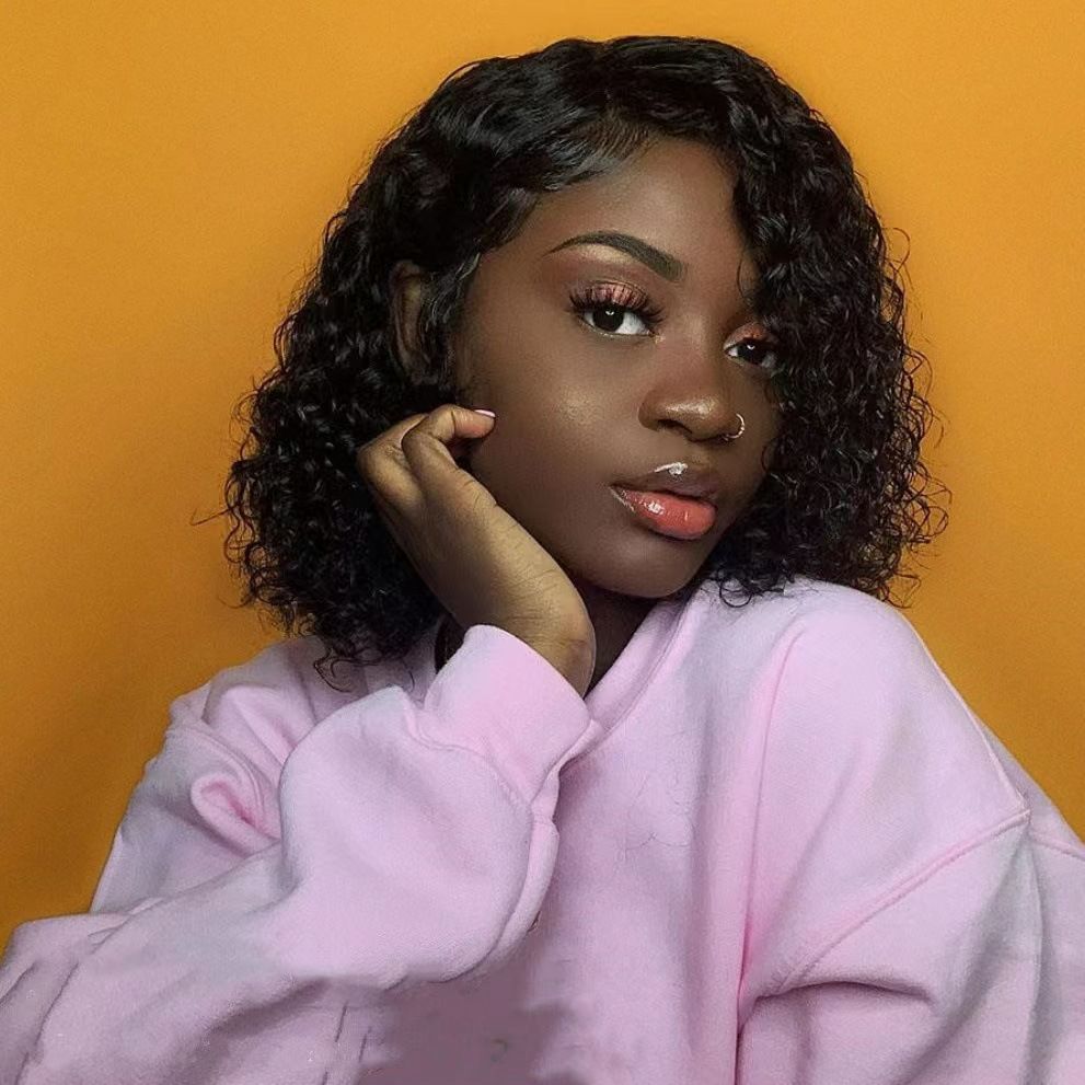 African small curly bob wig black short and fluffy synthetic headgear human hair frontal dark brown 10 inch