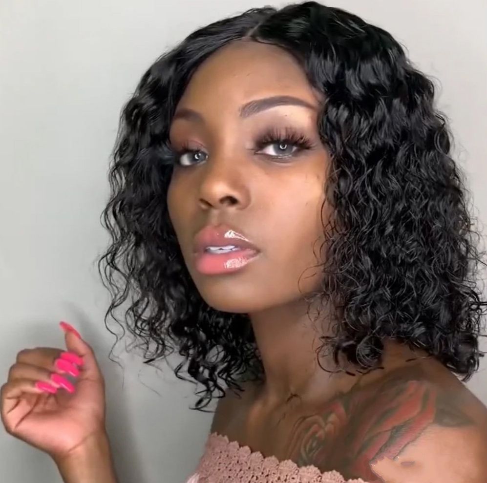 African small curly bob wig black short and fluffy synthetic headgear human hair frontal dark brown 10 inch