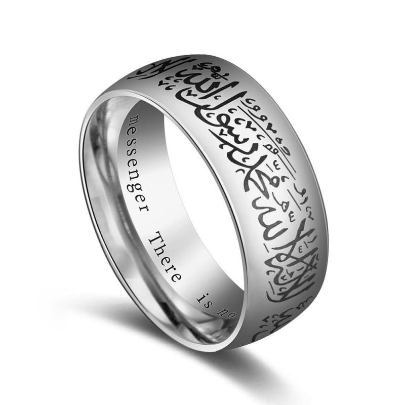 Titanium Steel Muslim Ring Golden Black Islamic 8mm Stainless Steel Mantra Ring Silver 13