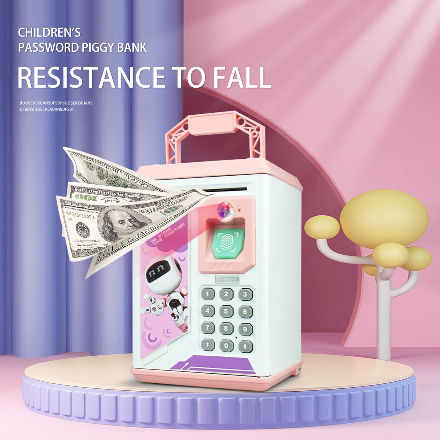 Kids Electronic Piggy Bank, Mini ATM Piggy Bank for Real Money, Piggy Bank for Boys Girls Toy, Auto Scroll Paper Money Saving Box with Face & Fingerprint Recognition, Password, Lock