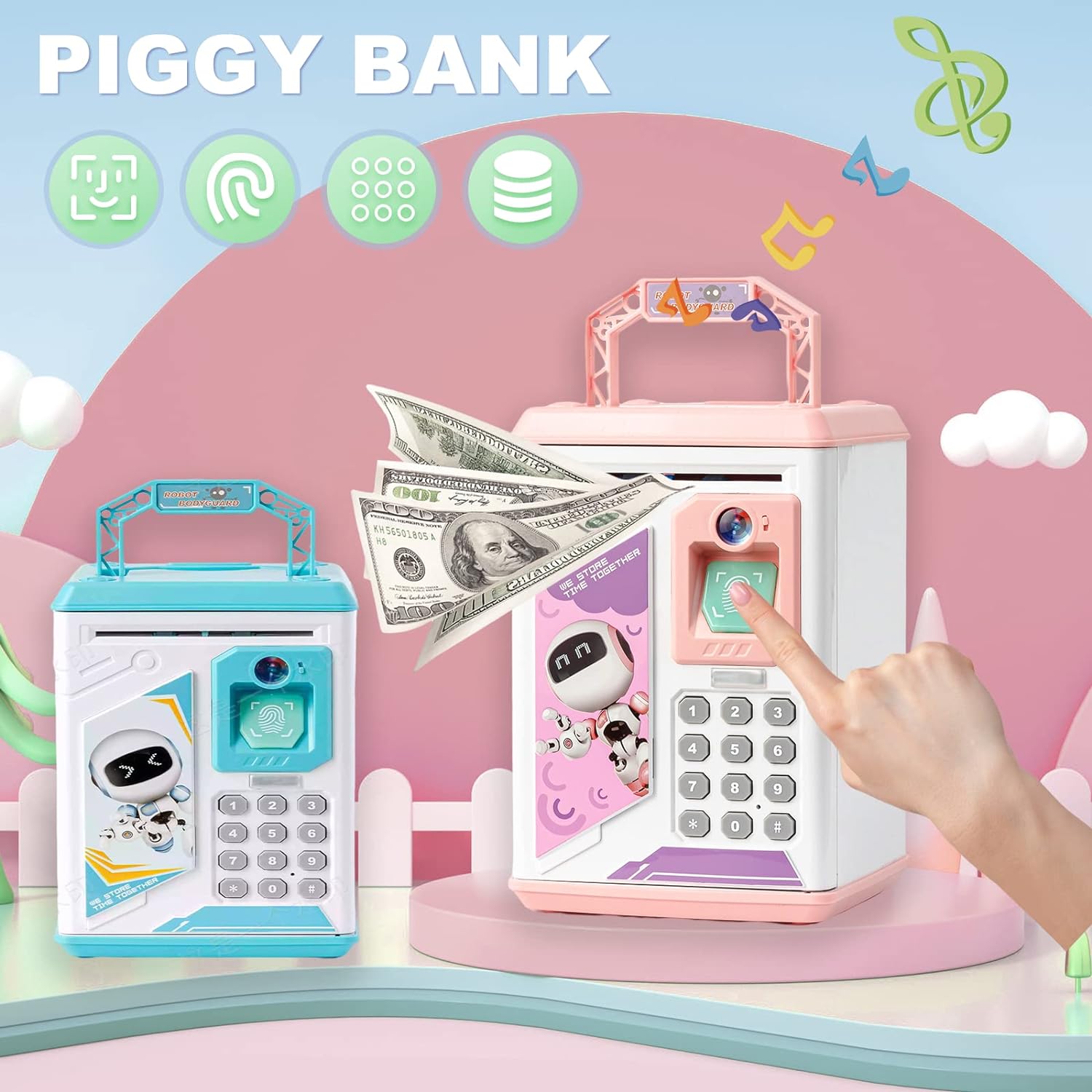Kids Electronic Piggy Bank, Mini ATM Piggy Bank for Real Money, Piggy Bank for Boys Girls Toy, Auto Scroll Paper Money Saving Box with Face & Fingerprint Recognition, Password, Lock