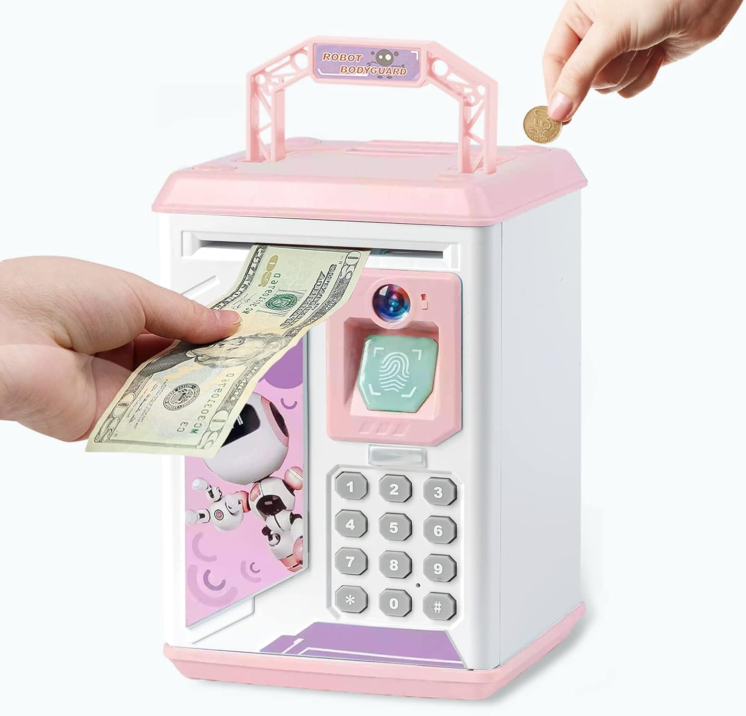 Kids Electronic Piggy Bank, Mini ATM Piggy Bank for Real Money, Piggy Bank for Boys Girls Toy, Auto Scroll Paper Money Saving Box with Face & Fingerprint Recognition, Password, Lock