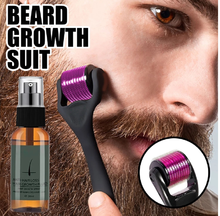 Men Beard Growth Roller Set Beard Growth Kit Men's Beard Growth Essence Nourishing Enhancer Beard Oil Spray Beard Care Set