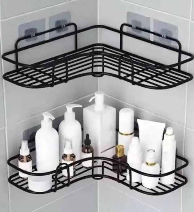 Adhesive Corner Bathroom Shelf Storage Wall Mounted Shower Caddy Shelf Organizer for Kitchen Toilet Metal Rustproof No Drilling
