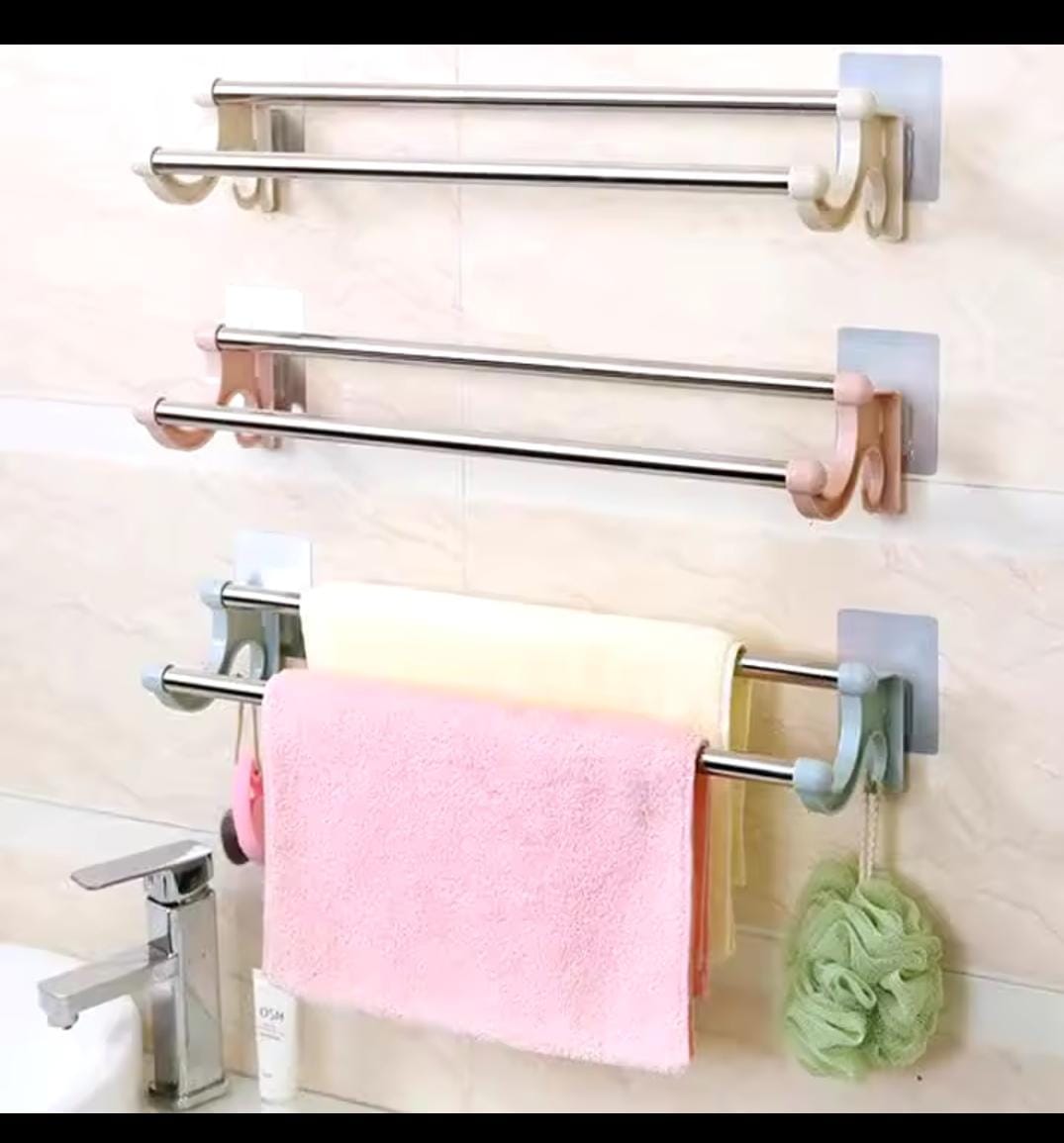 Self Adhesive Double Bath Towel Bars,Towel Holder Towel Racks for Bathroom and kitchen Lavatory, Stainless Steel Towel Hanger Wall Mount Towel Rail,Brushed Nickel 54 Cm