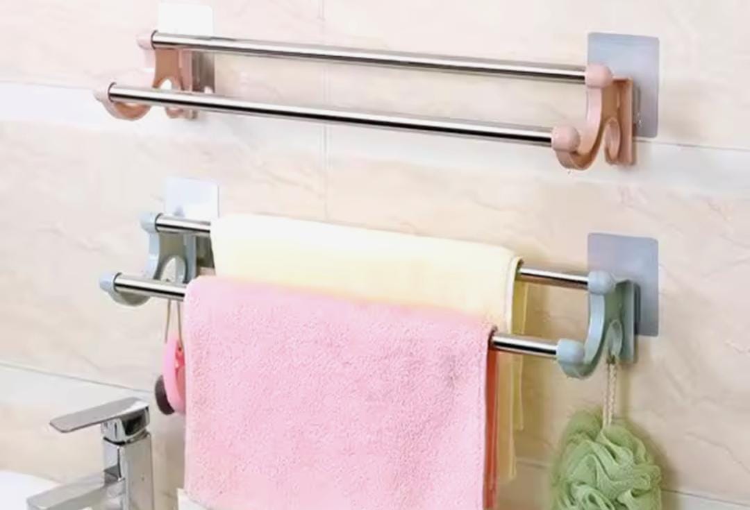 Self Adhesive Double Bath Towel Bars,Towel Holder Towel Racks for Bathroom and kitchen Lavatory, Stainless Steel Towel Hanger Wall Mount Towel Rail,Brushed Nickel 54 Cm