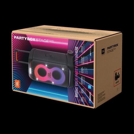 JBL PartyBox Stage 320. Party from dusk till dawn with up to 18 hours of play time on a single charge.