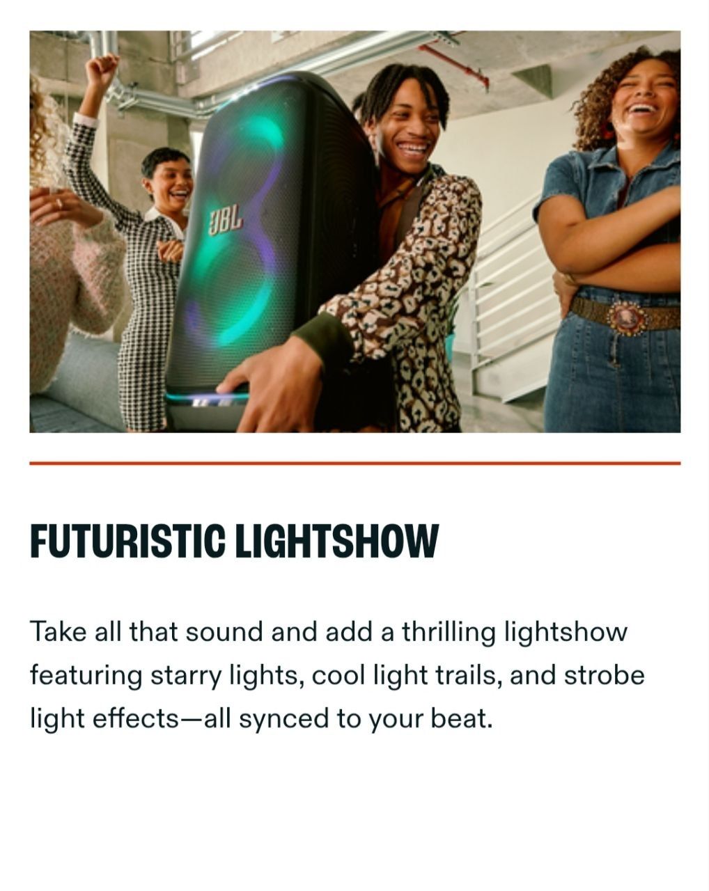 JBL PartyBox Stage 320. Party from dusk till dawn with up to 18 hours of play time on a single charge.